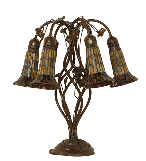 Meyda Lighting Stained Glass Pond Lily 19" 6-Light Mahogany Bronze Table Lamp With Amber & Red Shade Glass