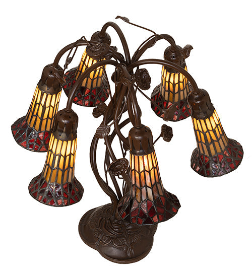 Meyda Lighting Stained Glass Pond Lily 19" 6-Light Mahogany Bronze Table Lamp With Amber & Red Shade Glass