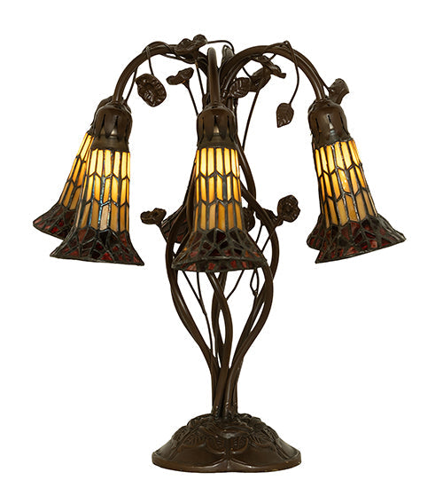 Meyda Lighting Stained Glass Pond Lily 19" 6-Light Mahogany Bronze Table Lamp With Amber & Red Shade Glass