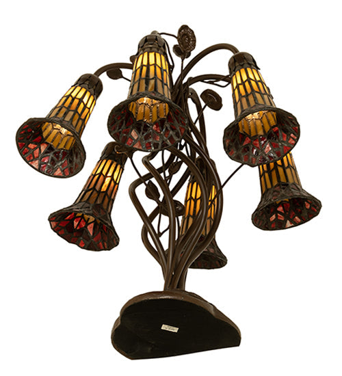 Meyda Lighting Stained Glass Pond Lily 19" 6-Light Mahogany Bronze Table Lamp With Amber & Red Shade Glass