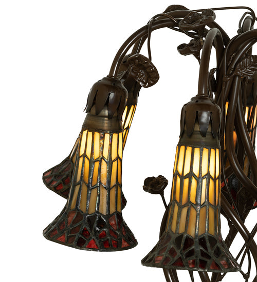 Meyda Lighting Stained Glass Pond Lily 19" 6-Light Mahogany Bronze Table Lamp With Amber & Red Shade Glass