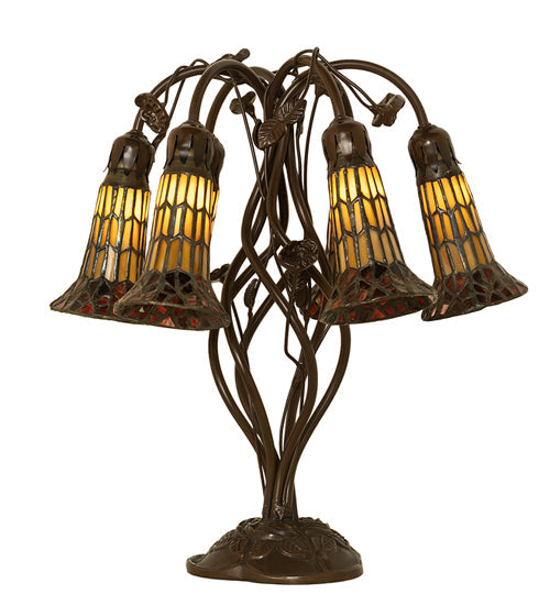 Meyda Lighting Stained Glass Pond Lily 19" 6-Light Mahogany Bronze Table Lamp With Amber & Red Shade Glass