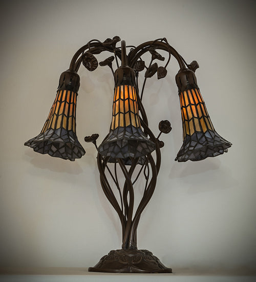 Meyda Lighting Stained Glass Pond Lily 19" 6-Light Mahogany Bronze Table Lamp With Amber & Violet Shade Glass