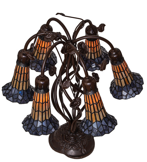 Meyda Lighting Stained Glass Pond Lily 19" 6-Light Mahogany Bronze Table Lamp With Amber & Violet Shade Glass