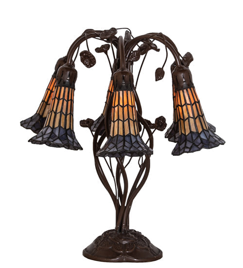 Meyda Lighting Stained Glass Pond Lily 19" 6-Light Mahogany Bronze Table Lamp With Amber & Violet Shade Glass