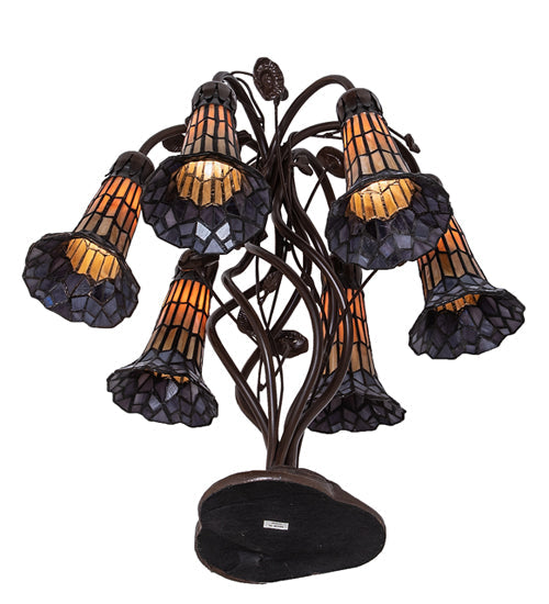 Meyda Lighting Stained Glass Pond Lily 19" 6-Light Mahogany Bronze Table Lamp With Amber & Violet Shade Glass