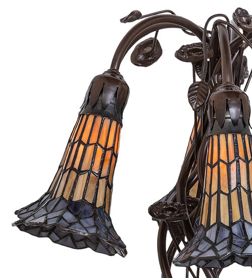Meyda Lighting Stained Glass Pond Lily 19" 6-Light Mahogany Bronze Table Lamp With Amber & Violet Shade Glass