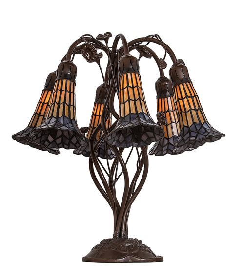 Meyda Lighting Stained Glass Pond Lily 19" 6-Light Mahogany Bronze Table Lamp With Amber & Violet Shade Glass