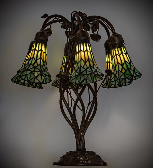 Meyda Lighting Stained Glass Pond Lily 19" 6-Light Mahogany Bronze Table Lamp With Green Art Shade Glass