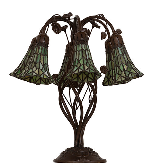 Meyda Lighting Stained Glass Pond Lily 19" 6-Light Mahogany Bronze Table Lamp With Green Art Shade Glass
