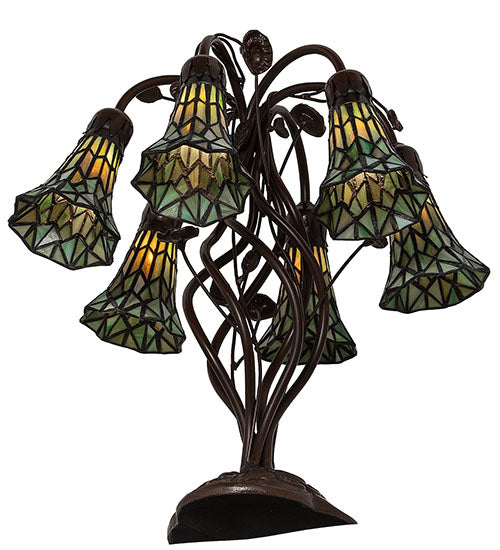 Meyda Lighting Stained Glass Pond Lily 19" 6-Light Mahogany Bronze Table Lamp With Green Art Shade Glass