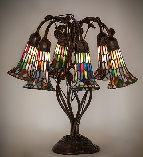 Meyda Lighting Stained Glass Pond Lily 19" 6-Light Mahogany Bronze Table Lamp With Multi-Colored Shade Glass