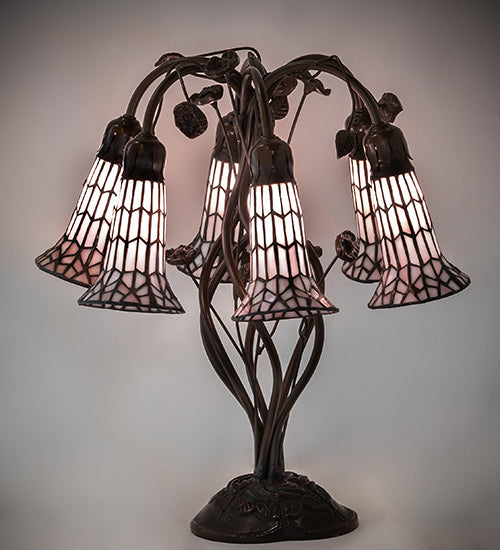 Meyda Lighting Stained Glass Pond Lily 19" 6-Light Mahogany Bronze Table Lamp With Pink Art Shade Glass
