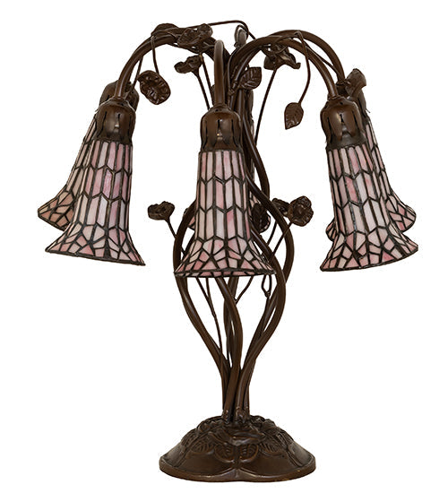Meyda Lighting Stained Glass Pond Lily 19" 6-Light Mahogany Bronze Table Lamp With Pink Art Shade Glass