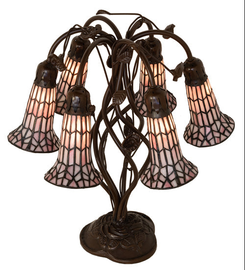 Meyda Lighting Stained Glass Pond Lily 19" 6-Light Mahogany Bronze Table Lamp With Pink Art Shade Glass