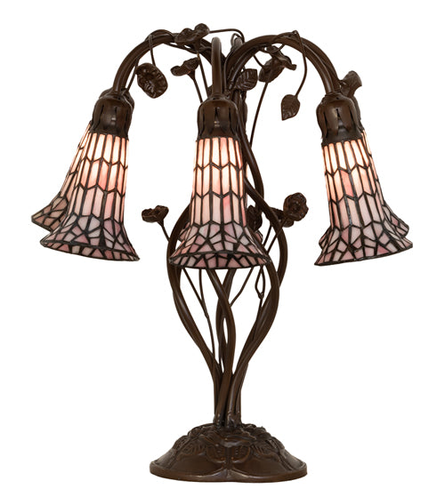 Meyda Lighting Stained Glass Pond Lily 19" 6-Light Mahogany Bronze Table Lamp With Pink Art Shade Glass