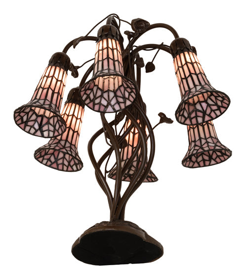 Meyda Lighting Stained Glass Pond Lily 19" 6-Light Mahogany Bronze Table Lamp With Pink Art Shade Glass