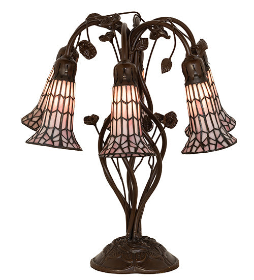 Meyda Lighting Stained Glass Pond Lily 19" 6-Light Mahogany Bronze Table Lamp With Pink Art Shade Glass