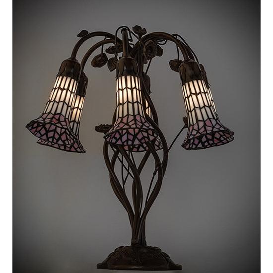 Meyda Lighting Stained Glass Pond Lily 19" 6-Light Mahogany Bronze Table Lamp With Pink & White Shade Glass