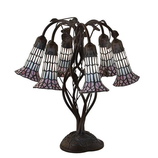 Meyda Lighting Stained Glass Pond Lily 19" 6-Light Mahogany Bronze Table Lamp With Pink & White Shade Glass