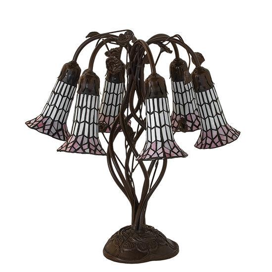 Meyda Lighting Stained Glass Pond Lily 19" 6-Light Mahogany Bronze Table Lamp With Pink & White Shade Glass