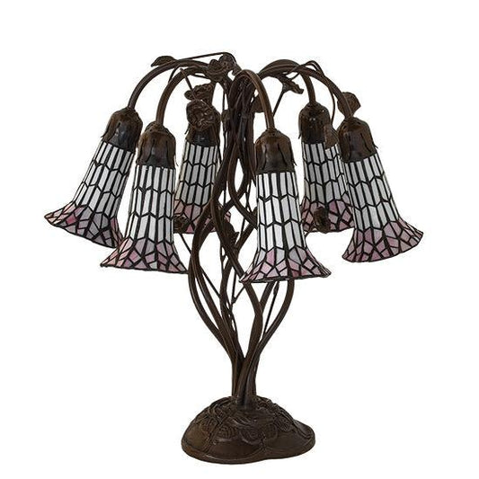 Meyda Lighting Stained Glass Pond Lily 19" 6-Light Mahogany Bronze Table Lamp With Pink & White Shade Glass