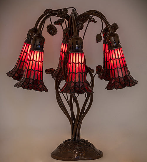 Meyda Lighting Stained Glass Pond Lily 19" 6-Light Mahogany Bronze Table Lamp With Red Shade Glass