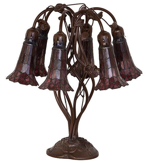 Meyda Lighting Stained Glass Pond Lily 19" 6-Light Mahogany Bronze Table Lamp With Red Shade Glass