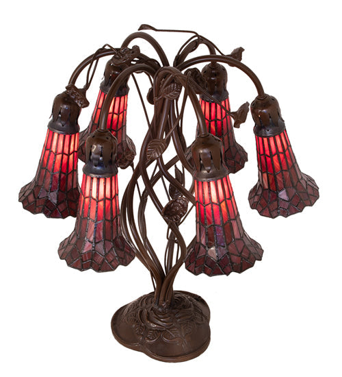 Meyda Lighting Stained Glass Pond Lily 19" 6-Light Mahogany Bronze Table Lamp With Red Shade Glass