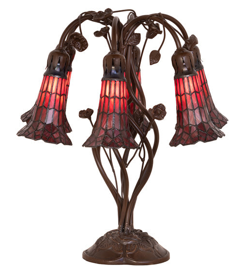 Meyda Lighting Stained Glass Pond Lily 19" 6-Light Mahogany Bronze Table Lamp With Red Shade Glass