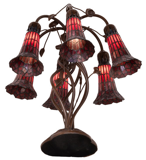 Meyda Lighting Stained Glass Pond Lily 19" 6-Light Mahogany Bronze Table Lamp With Red Shade Glass