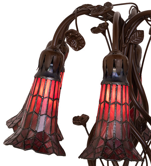 Meyda Lighting Stained Glass Pond Lily 19" 6-Light Mahogany Bronze Table Lamp With Red Shade Glass