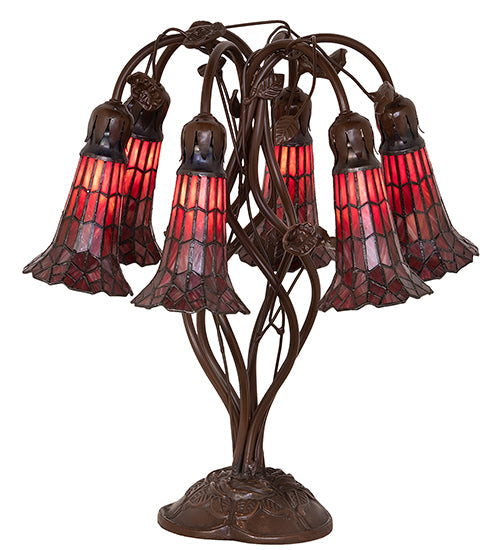 Meyda Lighting Stained Glass Pond Lily 19" 6-Light Mahogany Bronze Table Lamp With Red Shade Glass