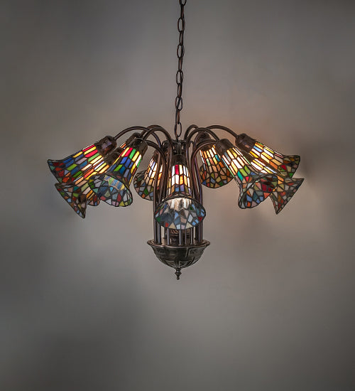 Meyda Lighting Stained Glass Pond Lily 24" 12-Light Mahogany Bronze Chandelier With Multi-Colored Shade Glass