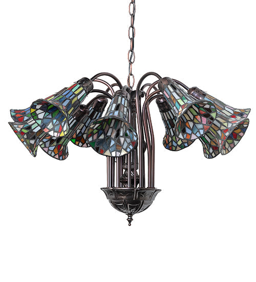 Meyda Lighting Stained Glass Pond Lily 24" 12-Light Mahogany Bronze Chandelier With Multi-Colored Shade Glass
