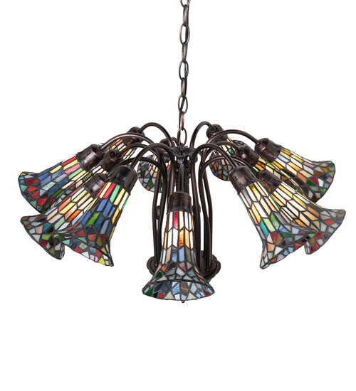Meyda Lighting Stained Glass Pond Lily 24" 12-Light Mahogany Bronze Chandelier With Multi-Colored Shade Glass