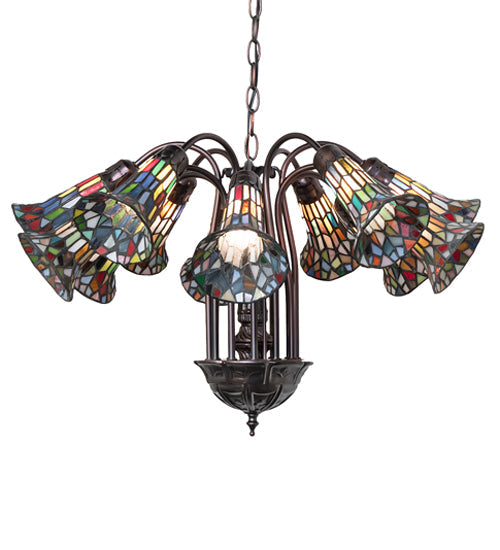 Meyda Lighting Stained Glass Pond Lily 24" 12-Light Mahogany Bronze Chandelier With Multi-Colored Shade Glass