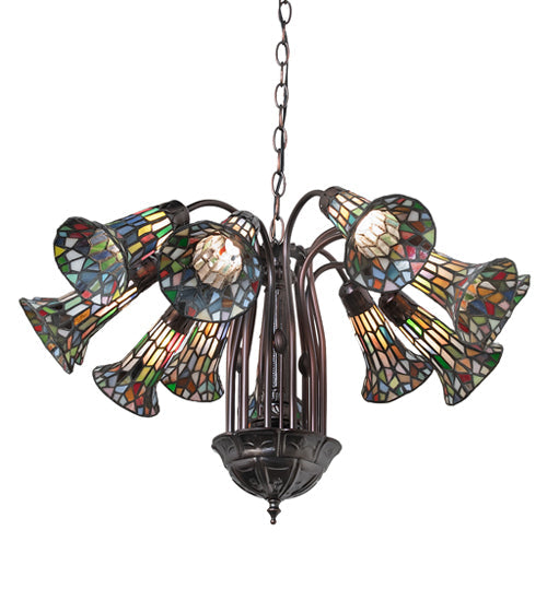 Meyda Lighting Stained Glass Pond Lily 24" 12-Light Mahogany Bronze Chandelier With Multi-Colored Shade Glass