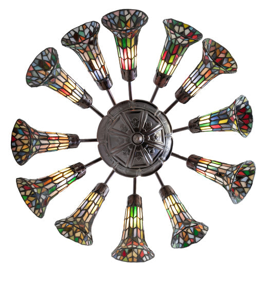 Meyda Lighting Stained Glass Pond Lily 24" 12-Light Mahogany Bronze Chandelier With Multi-Colored Shade Glass