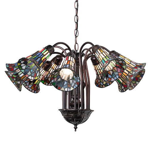 Meyda Lighting Stained Glass Pond Lily 24" 12-Light Mahogany Bronze Chandelier With Multi-Colored Shade Glass