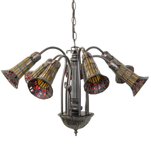 Meyda Lighting Stained Glass Pond Lily 24" 12-Light Mahogany Bronze Chandelier With Red & Amber Shade Glass