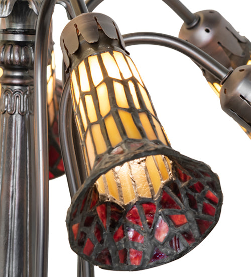 Meyda Lighting Stained Glass Pond Lily 24" 12-Light Mahogany Bronze Chandelier With Red & Amber Shade Glass