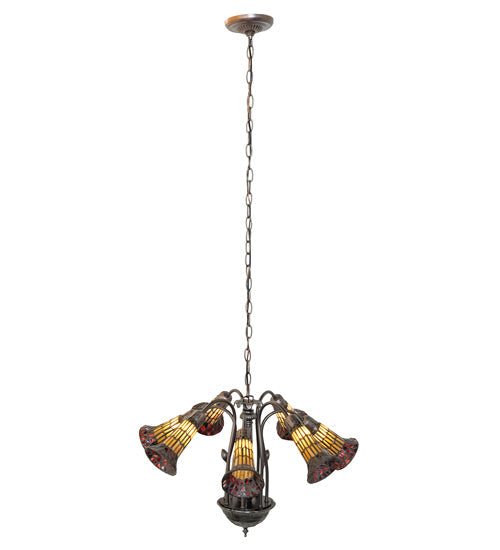 Meyda Lighting Stained Glass Pond Lily 24" 12-Light Mahogany Bronze Chandelier With Red & Amber Shade Glass