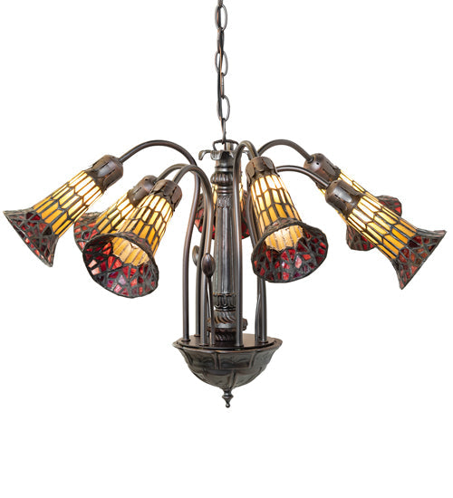 Meyda Lighting Stained Glass Pond Lily 24" 12-Light Mahogany Bronze Chandelier With Red & Amber Shade Glass