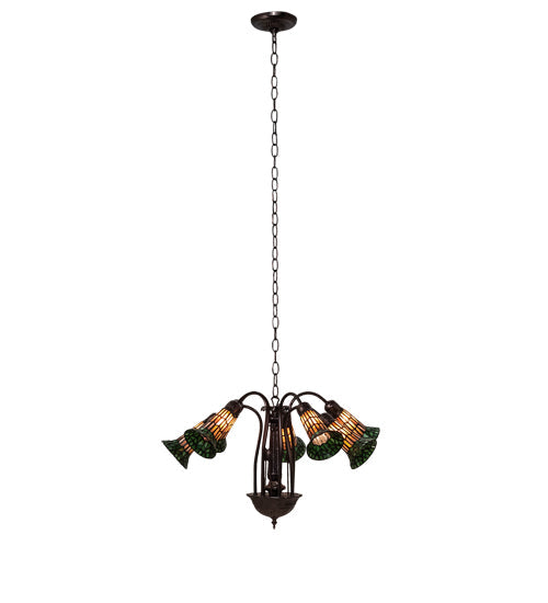 Meyda Lighting Stained Glass Pond Lily 24" 7-Light Mahogany Bronze Chandelier With Orange & Green Shade Glass