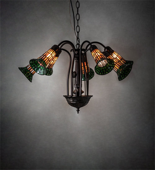 Meyda Lighting Stained Glass Pond Lily 24" 7-Light Mahogany Bronze Chandelier With Orange & Green Shade Glass