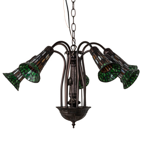 Meyda Lighting Stained Glass Pond Lily 24" 7-Light Mahogany Bronze Chandelier With Orange & Green Shade Glass