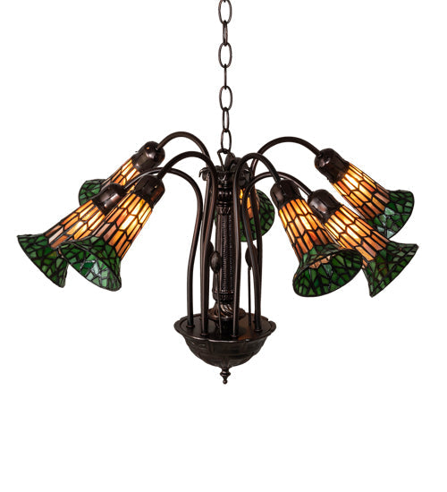 Meyda Lighting Stained Glass Pond Lily 24" 7-Light Mahogany Bronze Chandelier With Orange & Green Shade Glass
