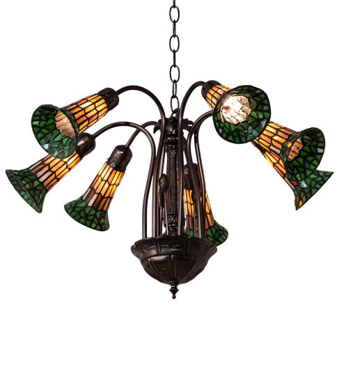 Meyda Lighting Stained Glass Pond Lily 24" 7-Light Mahogany Bronze Chandelier With Orange & Green Shade Glass