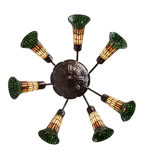 Meyda Lighting Stained Glass Pond Lily 24" 7-Light Mahogany Bronze Chandelier With Orange & Green Shade Glass
